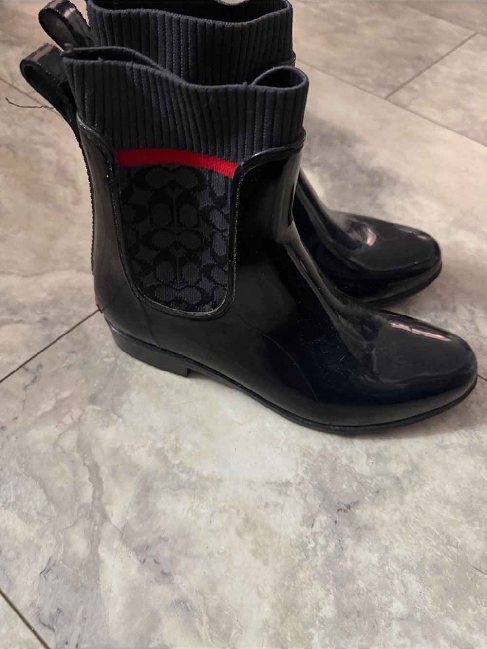 Coach Black Patent Chelsea Rain Booties with Red Accent